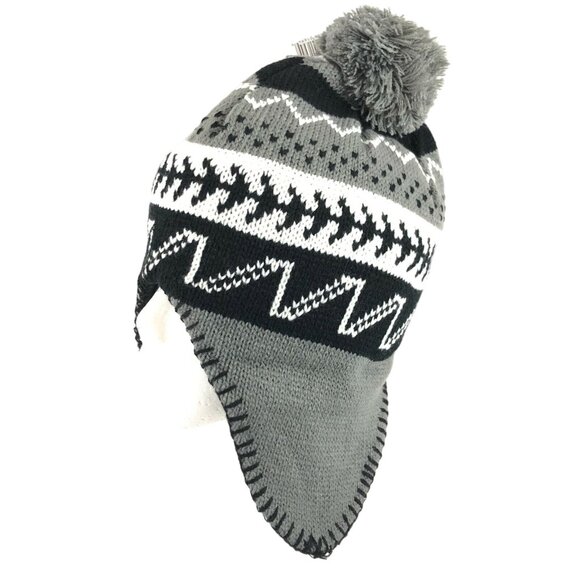 Polar Wear Kids Beanie Hat Ear Flaps Fleece Lined Striped Knit Pom Gray Black OS - Picture 1 of 6